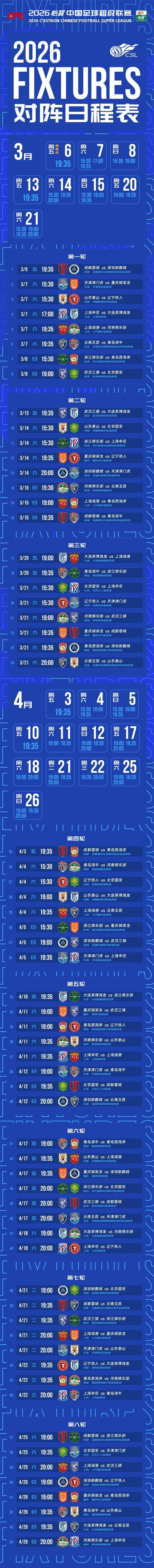 即时比分直播-2026中超赛程：揭幕战成都VS深圳 次轮上演京鲁PK